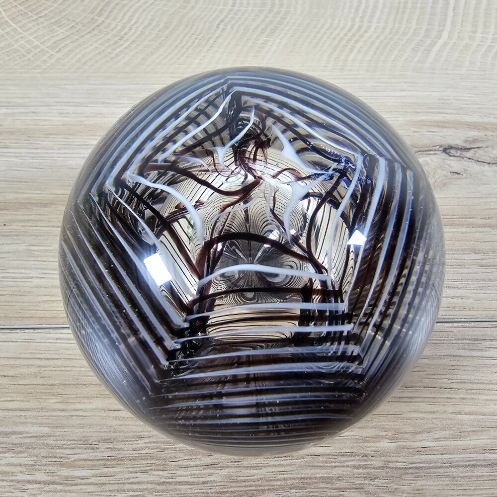 Glass Paperweight Abstract Swirls Black White Clear Round Decorative 2.5" - Picture 3 of 8